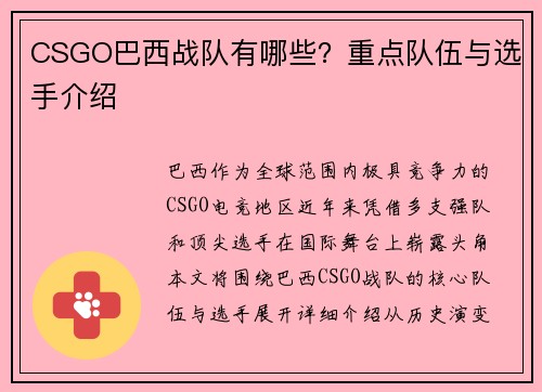 CSGO巴西战队有哪些？重点队伍与选手介绍