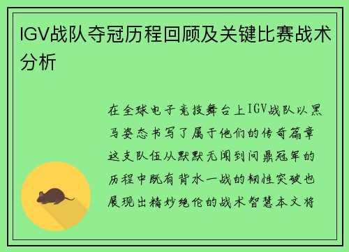 IGV战队夺冠历程回顾及关键比赛战术分析