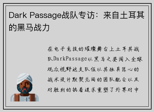 Dark Passage战队专访：来自土耳其的黑马战力